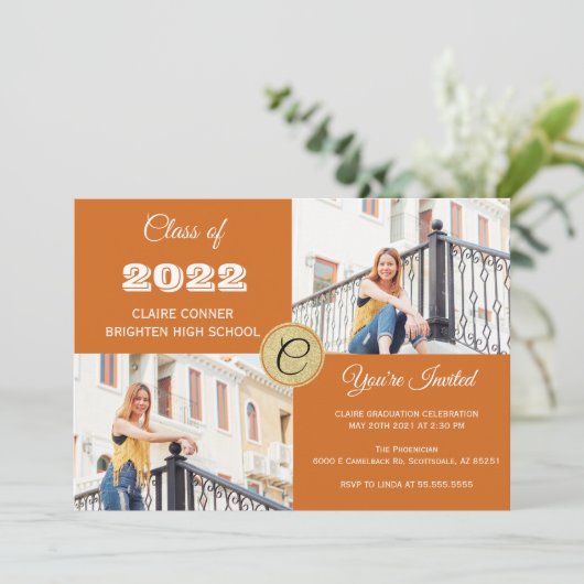 Oranje Monogram Foto Afstuderen Kaart (Staand voorkant)