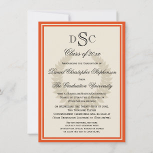 Oranje Monogram Laurel Classic College Graduation Kaart