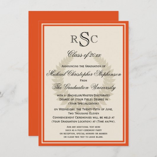 Oranje Monogram Laurel Classic College Graduation Kaart (Voorkant / Achterkant)