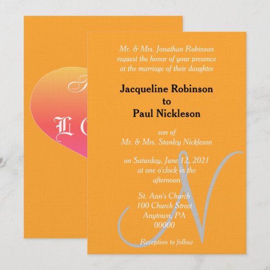 Oranje Monogram Sunset Heart Kaart (Voorkant / Achterkant)