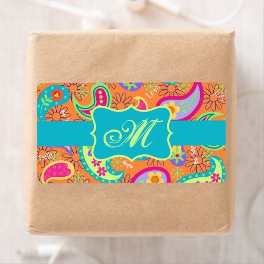 Oranje monogram Turquoise Modern Paisley Pattern Etiket (Insitu)
