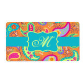 Oranje monogram Turquoise Modern Paisley Pattern Etiket (Voorkant)