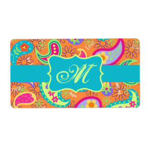 Oranje monogram Turquoise Modern Paisley Pattern Etiket