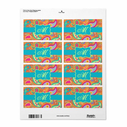 Oranje monogram Turquoise Modern Paisley Pattern Etiket (Full Sheet)