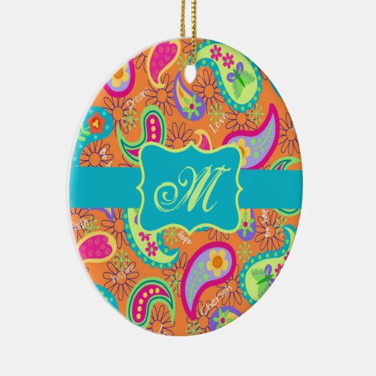 Oranje monogram Turquoise Modern Paisley Pattern Keramisch Ornament (Rechts)