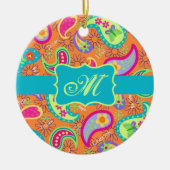 Oranje monogram Turquoise Modern Paisley Pattern Keramisch Ornament (Voorkant)