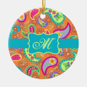 Oranje monogram Turquoise Modern Paisley Pattern Keramisch Ornament