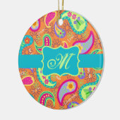 Oranje monogram Turquoise Modern Paisley Pattern Keramisch Ornament (Links)