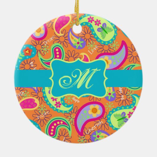 Oranje monogram Turquoise Modern Paisley Pattern Keramisch Ornament (Achterkant)
