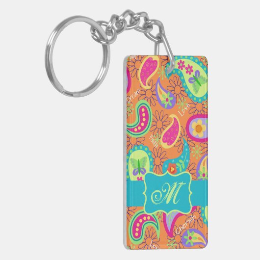 Oranje monogram Turquoise Modern Paisley Pattern Sleutelhanger (Voorkant Links)