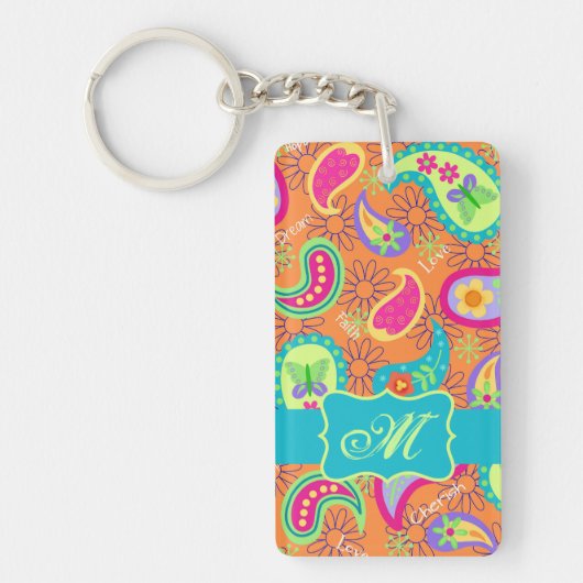 Oranje monogram Turquoise Modern Paisley Pattern Sleutelhanger (Voorkant)