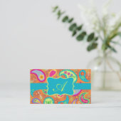 Oranje monogram Turquoise Modern Paisley Pattern Visitekaartje (Staand voorkant)
