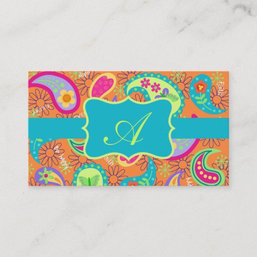 Oranje monogram Turquoise Modern Paisley Pattern Visitekaartje (Voorkant)