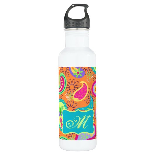 Oranje monogram Turquoise Modern Paisley Pattern Waterfles (Voorkant)