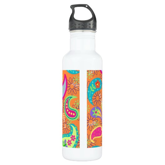 Oranje monogram Turquoise Modern Paisley Pattern Waterfles (Achterkant)