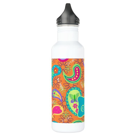 Oranje monogram Turquoise Modern Paisley Pattern Waterfles (Links)