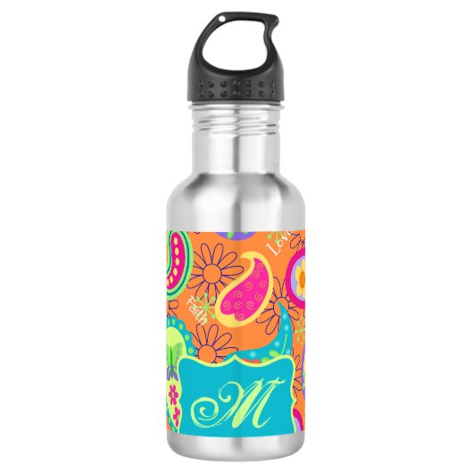 Oranje monogram Turquoise Modern Paisley Pattern Waterfles (Voorkant)