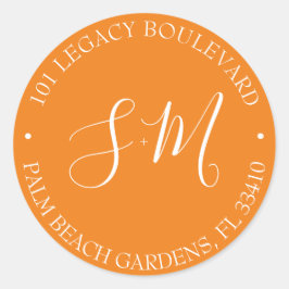 Oranje Monogram Weduwkeeradres Ronde Sticker
