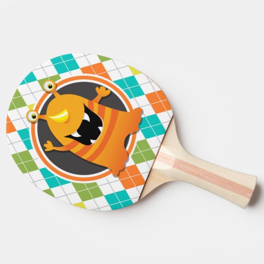Oranje Monster op kleurrijke Argyle Pattern Tafeltennisbatje (Zijkant)