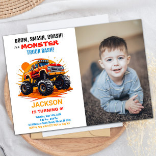 Oranje Monster Truck Verjaardagsuitnodigingen Foto Kaart