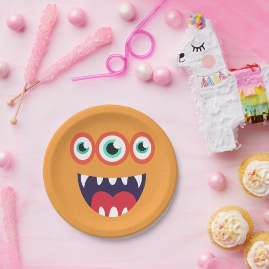 Oranje Monstergezicht Papieren Bordje (Feest)