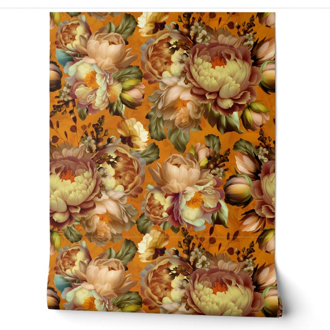 Oranje Moody Florals  barokke bloementuin Behang (Afrollen)