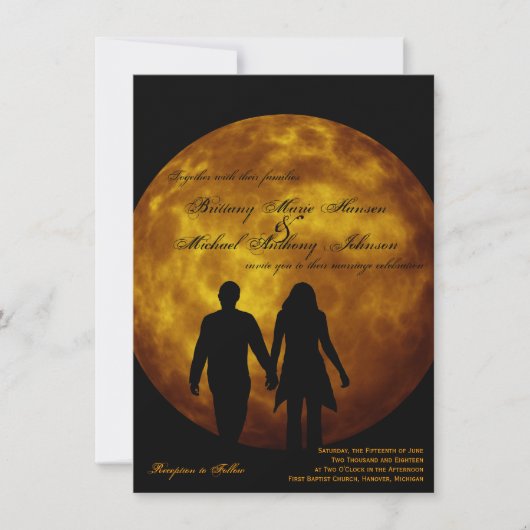 Oranje Moon Silhouette Couple Wedding Invitations Kaart (Voorkant)