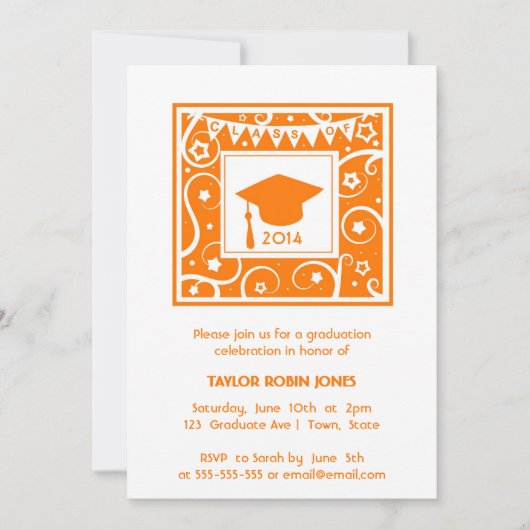 Oranje Mortarboard Moderne Graduation Invitations Kaart (Voorkant)