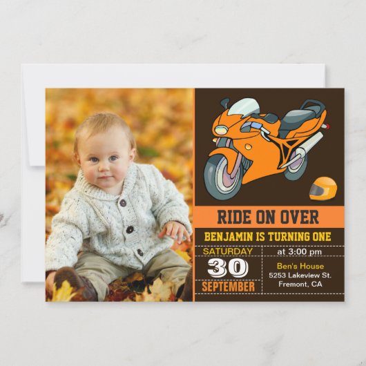 Oranje Motorcycle Racing Eerste Verjaardagsuitnodi Kaart (Voorkant)