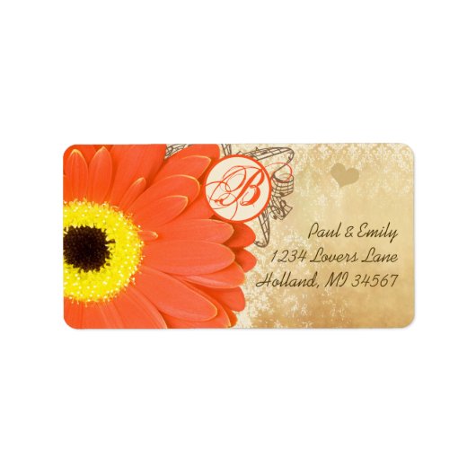 Oranje Musical Gerber Daisy Monogram Etiket (Voorkant)