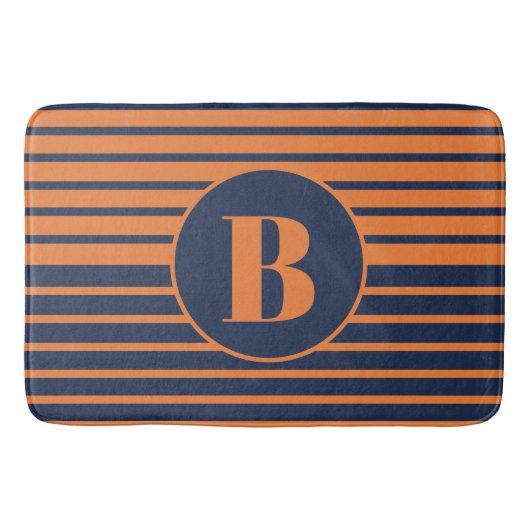Oranje Navy Blauwe Gestreepte Monogram Badmat (Voorkant)