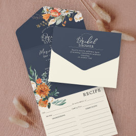 Oranje & Navy Bloemen Bruiloft Feest & Recept All In One Uitnodiging