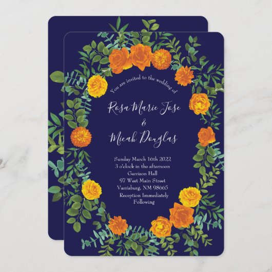 Oranje Navy Blue Peony Roos Bloemenbruiloft Kaart (Voorkant / Achterkant)