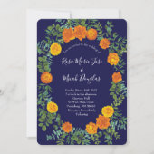 Oranje Navy Blue Peony Roos Bloemenbruiloft Kaart (Voorkant)