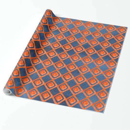 Oranje Navy Blue Waterverf Pattern Cadeaupapier (Uitgerold)