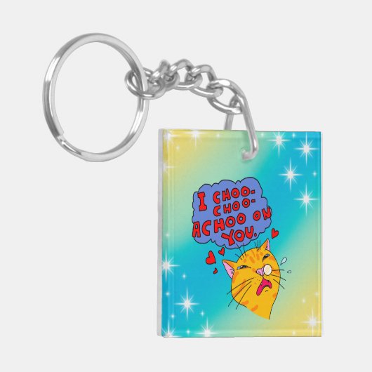 Oranje niesende kat grappig en mooie tekst sleutelhanger (Voorkant Links)