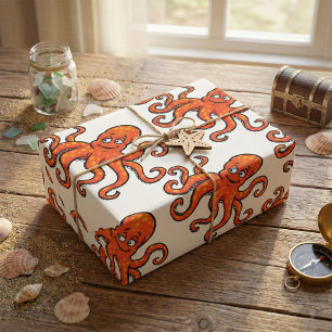 Oranje Octopus Cartoon Oceaan Zeewezen Cadeaupapier