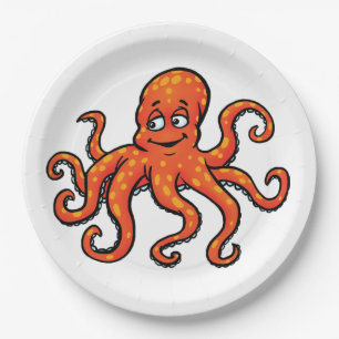 Oranje Octopus Cartoon Oceaan Zeewezen Papieren Bordje