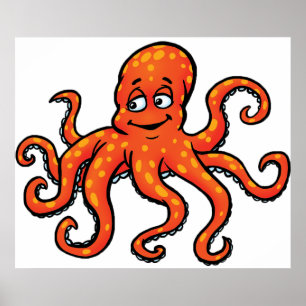 Oranje Octopus Cartoon Oceaan Zeewezen Poster