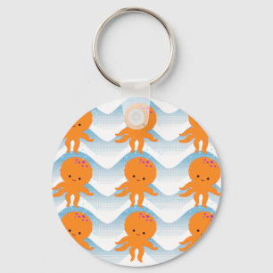 Oranje Octopus En Blauwe Golven Patroon Sleutelhanger