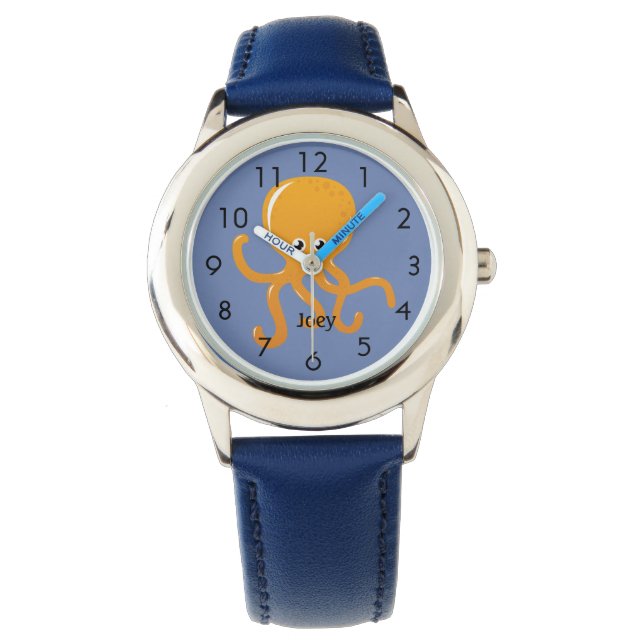 Oranje octopus op blauwmaat voor kinderen horloge (Voorkant)