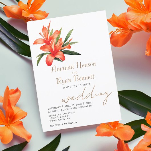 Oranje Oleander Aquarel Bloem Bloemstuk Bruiloft Kaart