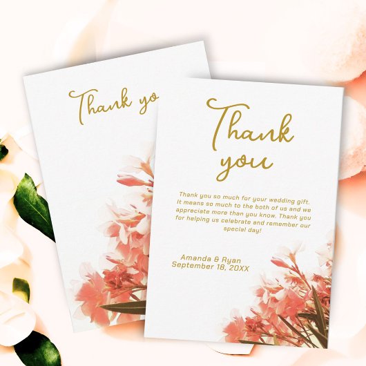 Oranje Oleander Bloemen Bloemrijke Script Bruiloft Bedankkaart