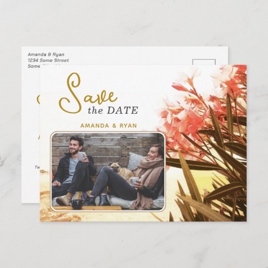 Oranje Oleander Flower Photo Weddenschap Save the  Aankondigingskaart (Voorkant / Achterkant)