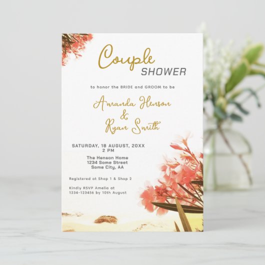 Oranje Oleander Flowers Beach Couple Shower Kaart (Staand voorkant)