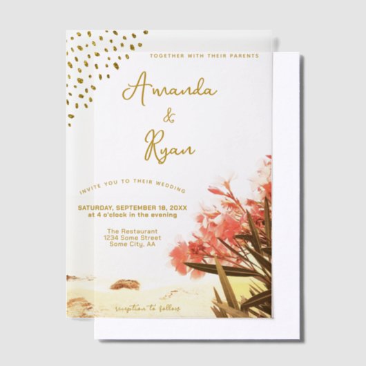 Oranje Oleander Flowers Beach Glitter Wedding Vellum Uitnodigingen (Offset)