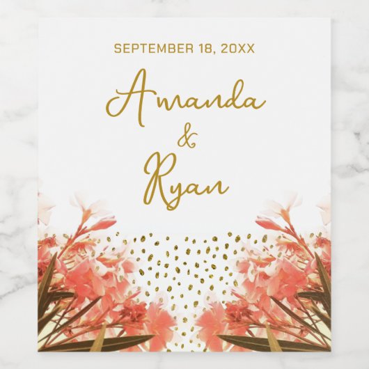 Oranje Oleander Flowers Glitter Floral Wedding Wijn Etiket (Enkel label)