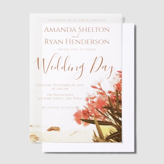 Oranje Oleander Flowers op het strand Weddenschap Vellum Uitnodigingen (Offset)