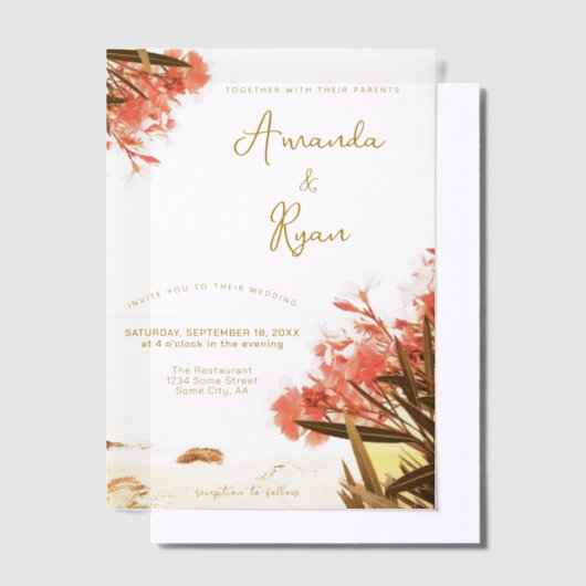 Oranje Oleander Flowers op het strand Weddenschap Vellum Uitnodigingen (Offset)