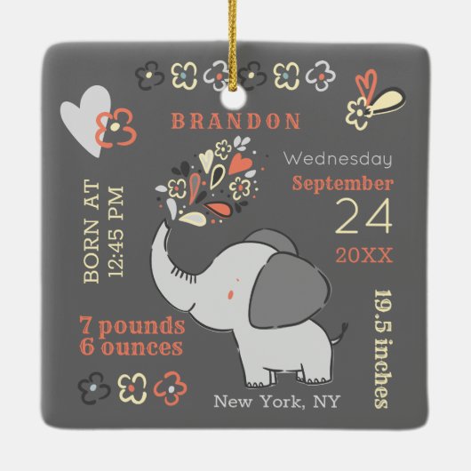Oranje olifant Birth Stats Baby's eerste Kerstmis Keramisch Ornament (Achterkant)